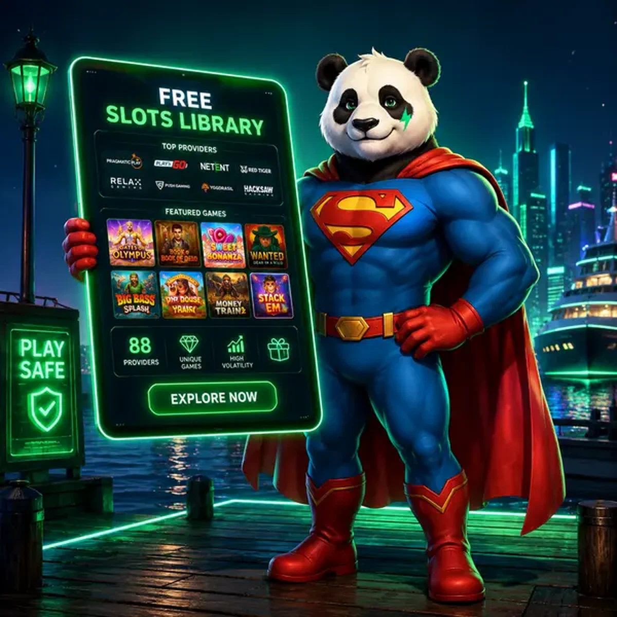 Bruno de Panda toont gratis gokkasten bibliotheek met 88 providers bij neon-verlichte gaming pier