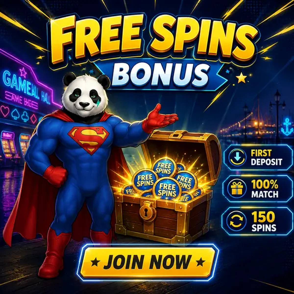 Bruno de Panda toont gratis spins-schat in Bruno Casino welkomstzaal
