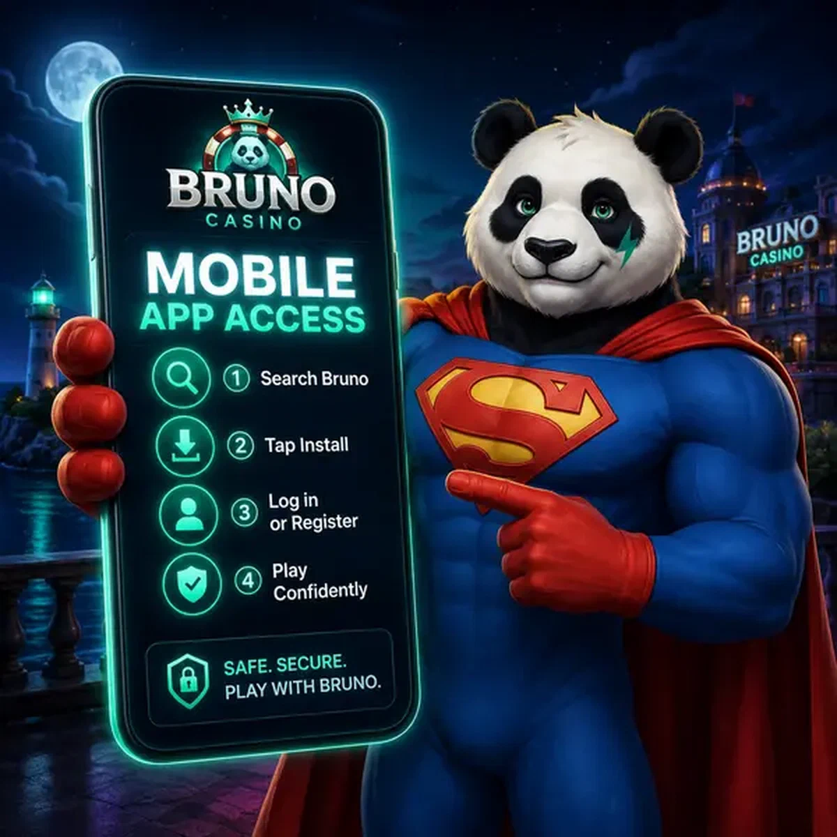 Bruno de Panda in superheldenkostuum presenteert gloeiende Bruno Casino mobiele app download interface