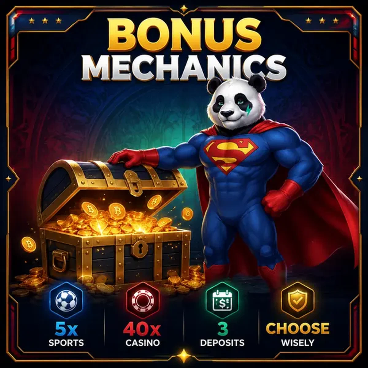 Bruno de Panda toont sportwedden bonusmechanismen bij schatkist display