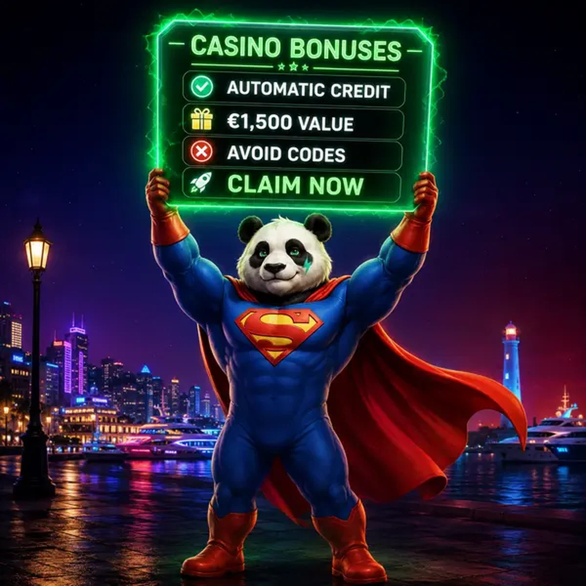 Bruno de Panda toont heldhaftig gloeiend bonuspaneel bij Bruno Casino promotiecentrale