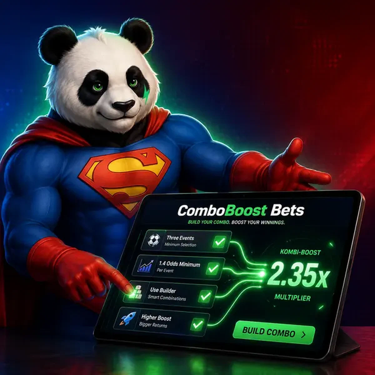 Bruno de Panda bouwt sportwedden combo's op tablet bij ComboBoost interface