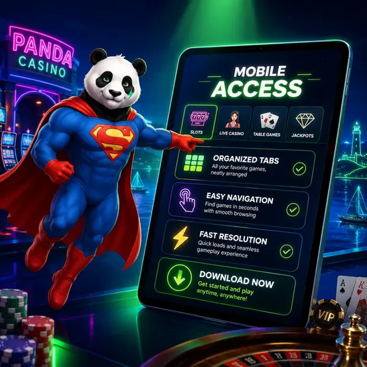 Bruno de Panda superheld zweeft boven tablet met slot games op Bruno Play mobiele interface
