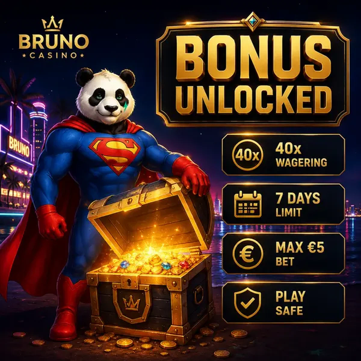 Bruno de superheld panda beschermt bonus schatkist op kust casino boulevard