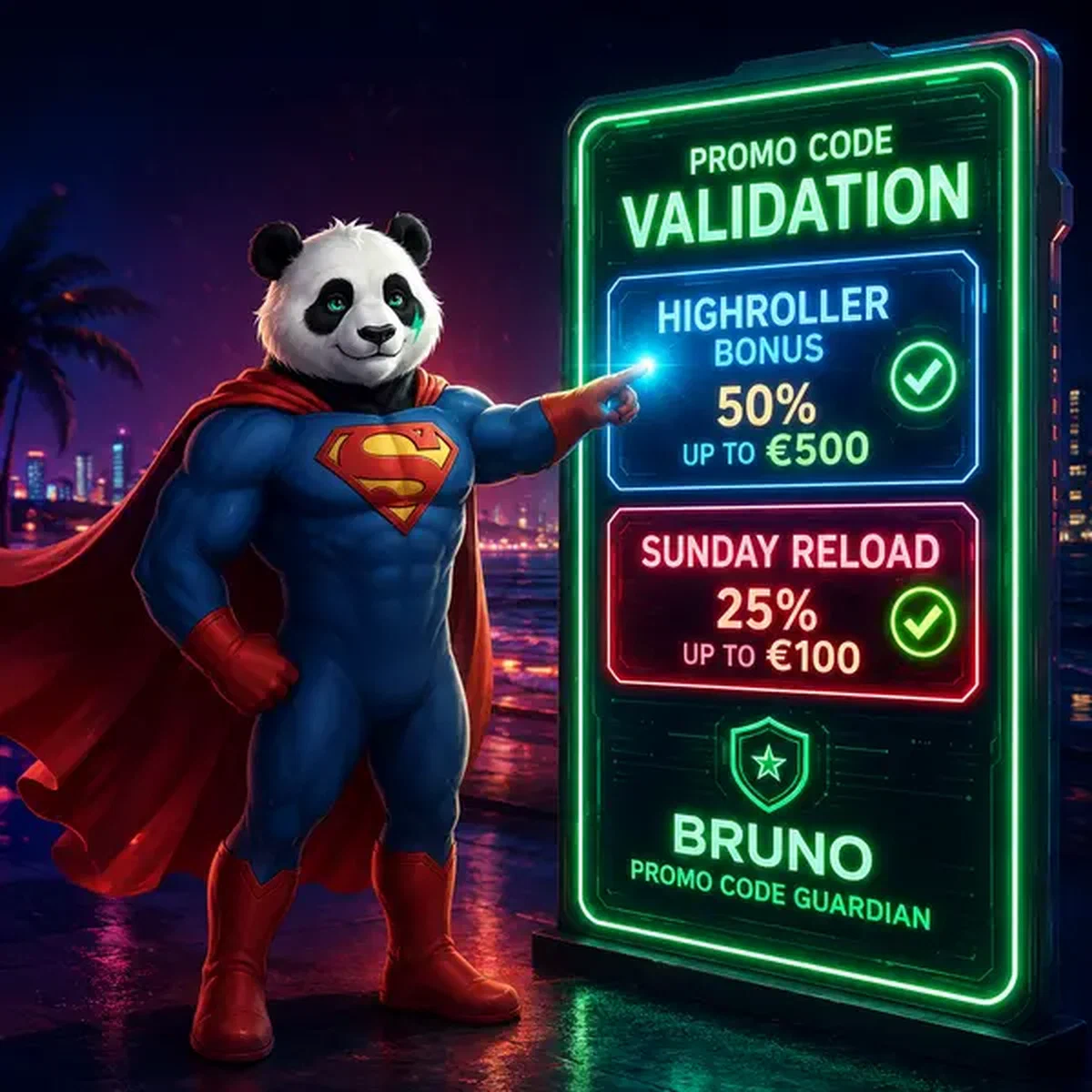 Bruno de Panda activeert promocode bij gloeiend bonusbord met superheldvertrouwen