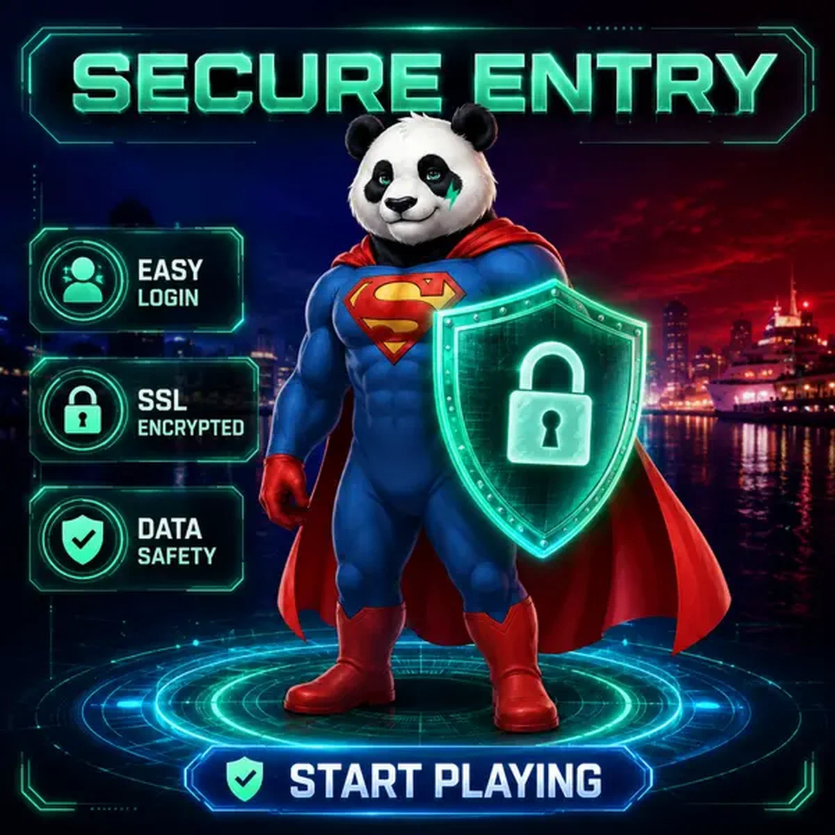 Bruno de Panda als digitale bewaker met gloeiend schild voor veilige login bij Bruno Casino