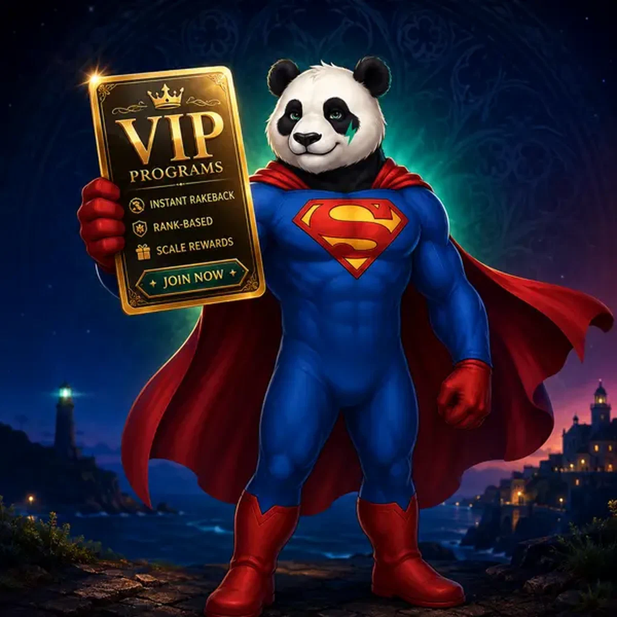 Bruno de superheld panda houdt zelfverzekerd gouden VIP-kaart vast bij Bruno Casino loyaliteitsprogramma