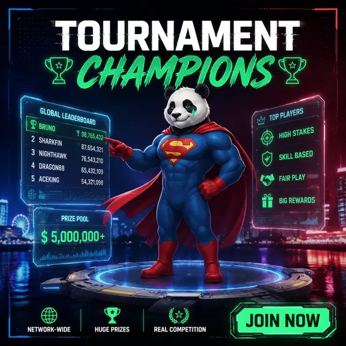 Bruno de Panda kampioen houdt toezicht op toernooileaderboards bij Bruno Casino competities
