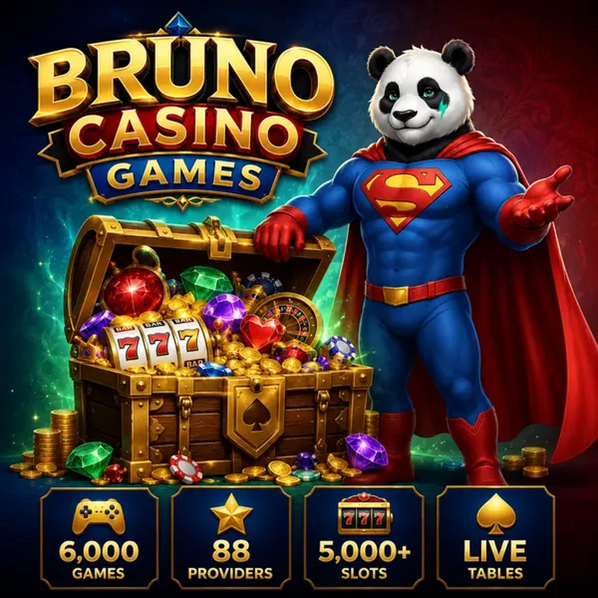 Bruno de Panda bewaakt schatkist die overloopt met Bruno Casino Games symbolen en munten