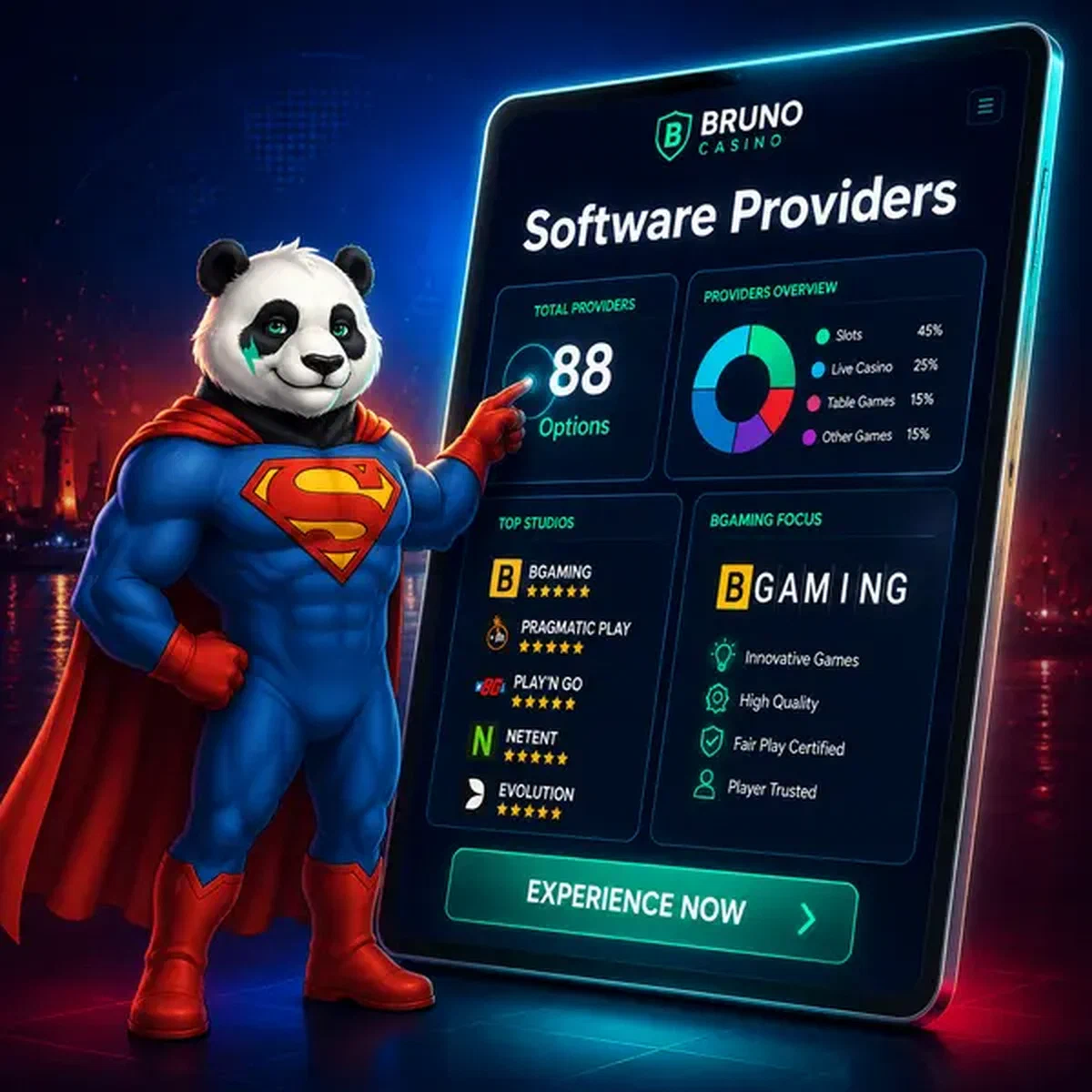 Bruno de Panda superheld toont zelfverzekerd softwareproviders op gloeiende tablet bij Bruno Casino